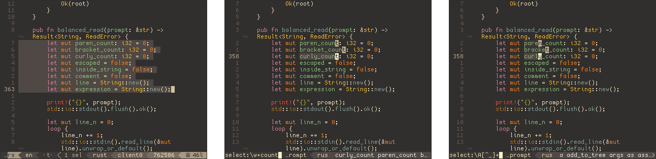 Figure 10: Select til paragraph end → select w+count regexp → select everything up to count in resulting selections