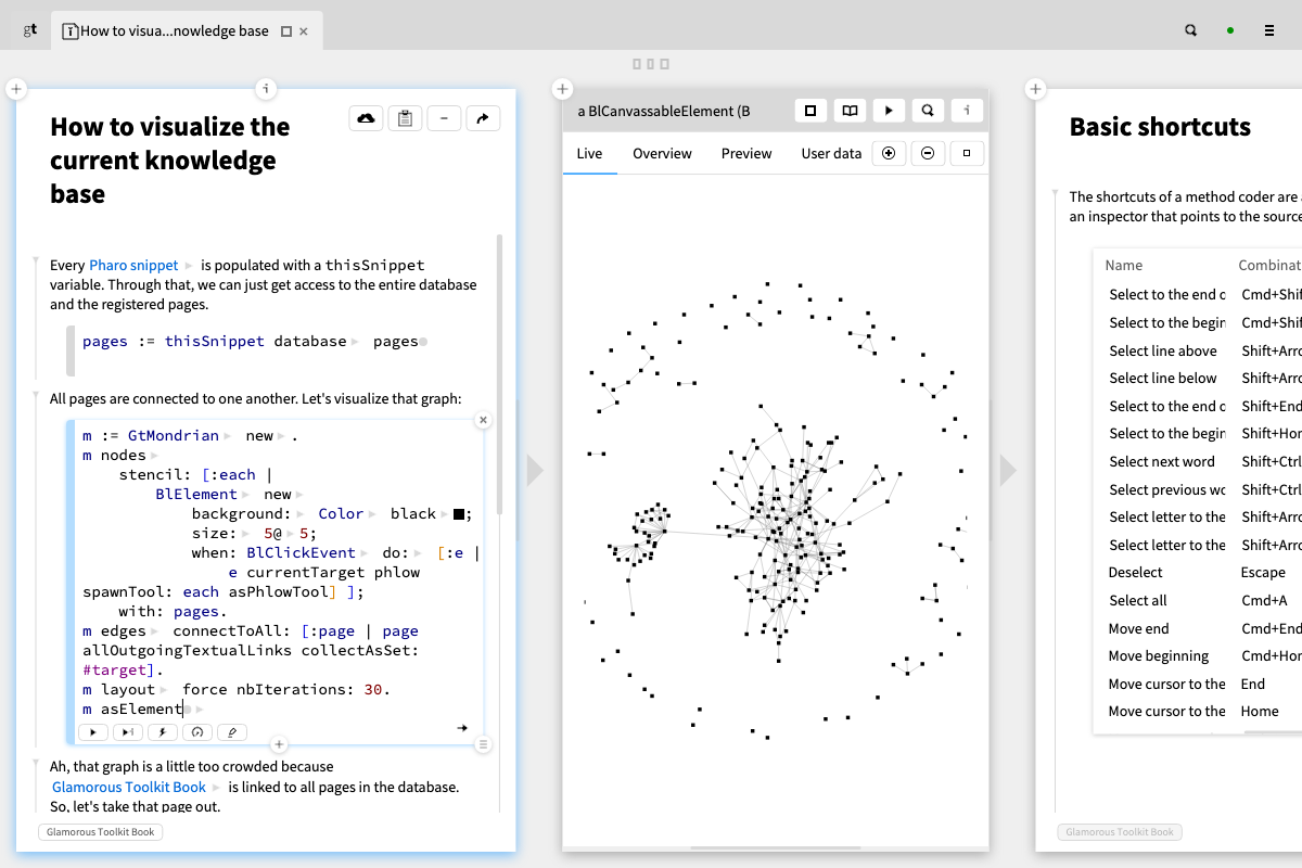 Figure 1: Visualizing the current knowledge base through a Pharo snippet. Clicking on nodes opens the page to the right.