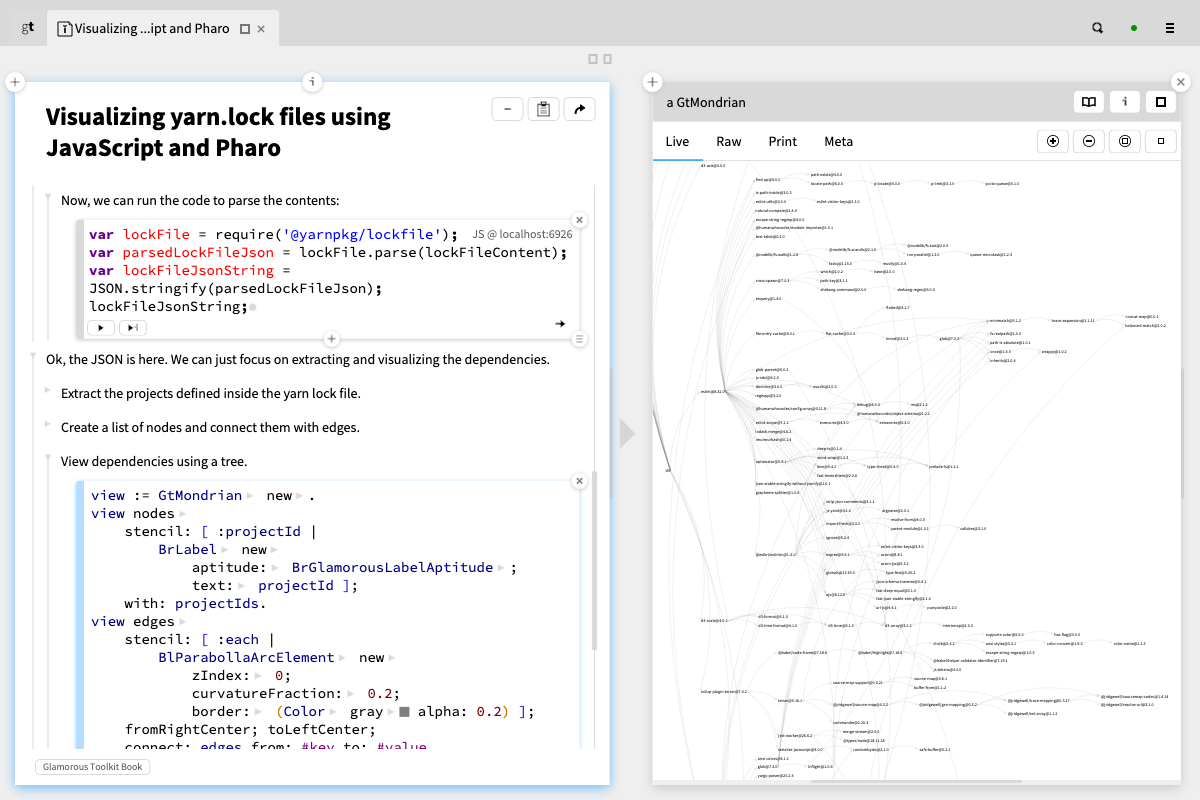 Figure 2: A page with a JavaScript snippet that is combined with a Pharo snippet to produce a visualization of dependencies defined in a Yarn file.