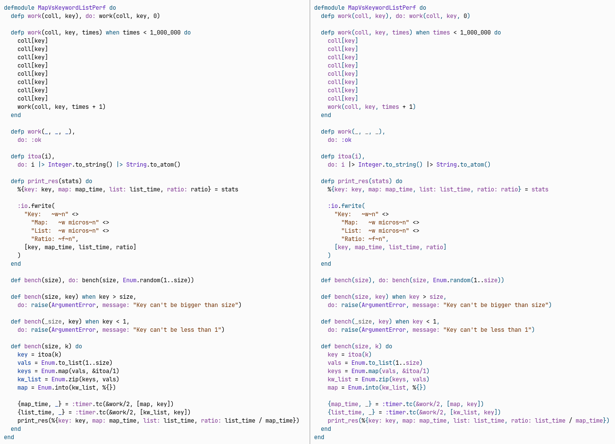 Figure 10: elixir-mode on the left, elixir-ts-mode on the right